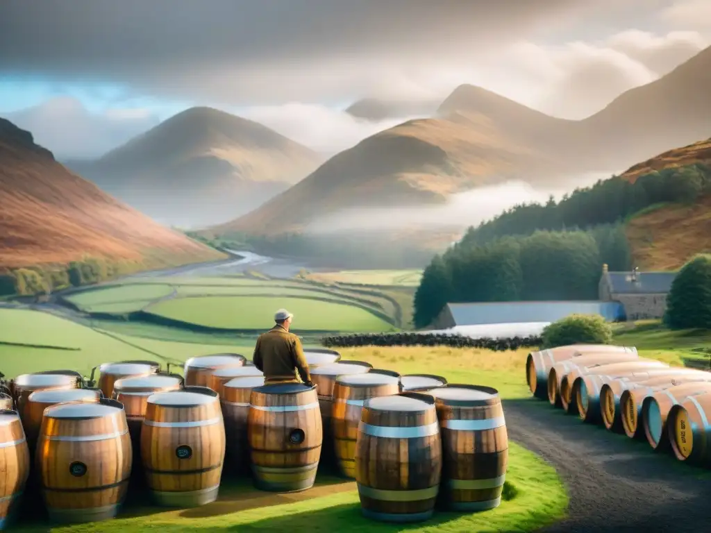 Escena detallada de una destilería de whisky en las Highlands escocesas, con secretos whisky single malt profunda