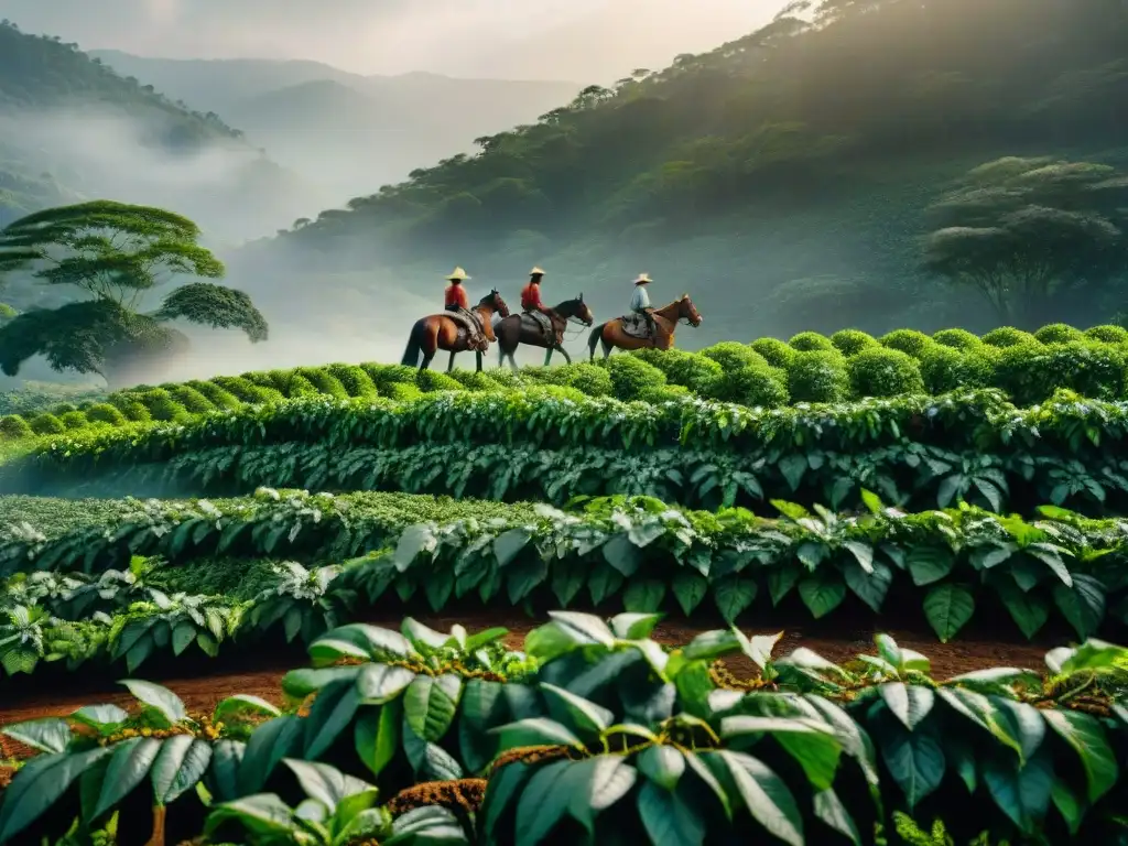 Escena detallada de esclavos en plantación de café, contraste entre belleza y explotación