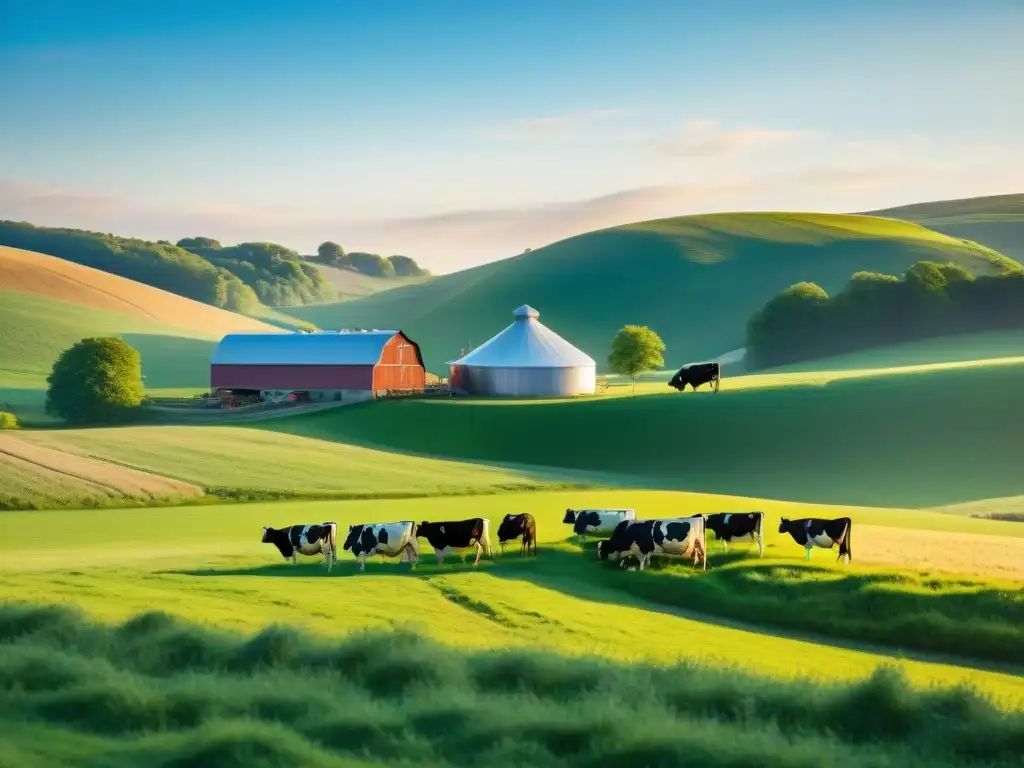 Escena detallada de una granja lechera en Wisconsin, USA, con vacas Holstein pastando