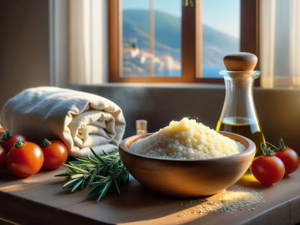 Mesmerizante escena de ingredientes mediterráneos para pan casero Escena detallada de ingredientes mediterráneos sobre mesa rústica para Técnicas Mediterráneas Pan Perfecto