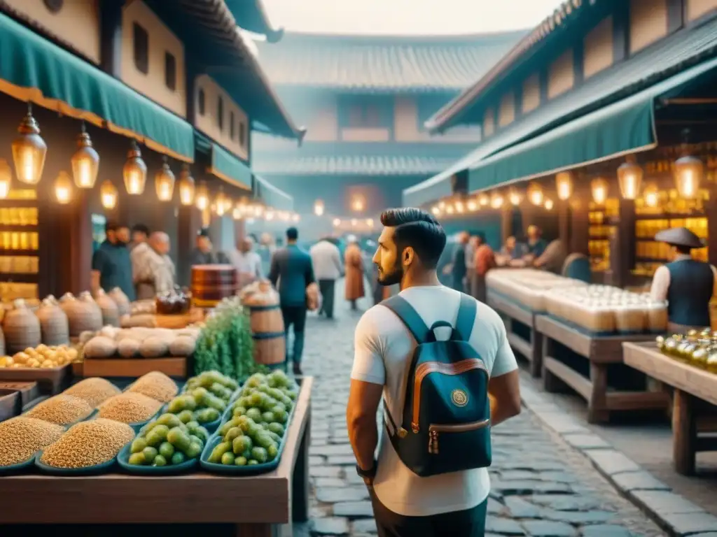 Escena detallada de mercado antiguo con variados objetos y personas de distintas culturas, destacando la importancia histórica de la cerveza