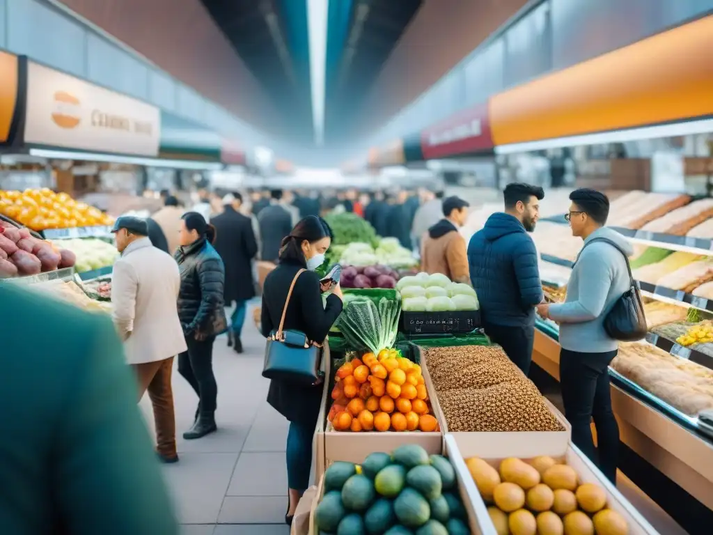 Escena detallada de un mercado gourmet con clientes usando apps para comparar precios