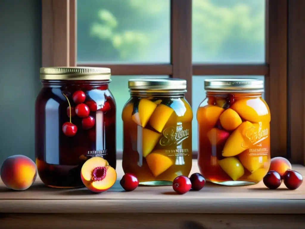 Una escena detallada y realista de frutas en almíbar artesanales, exudando tradición y artesanía culinaria