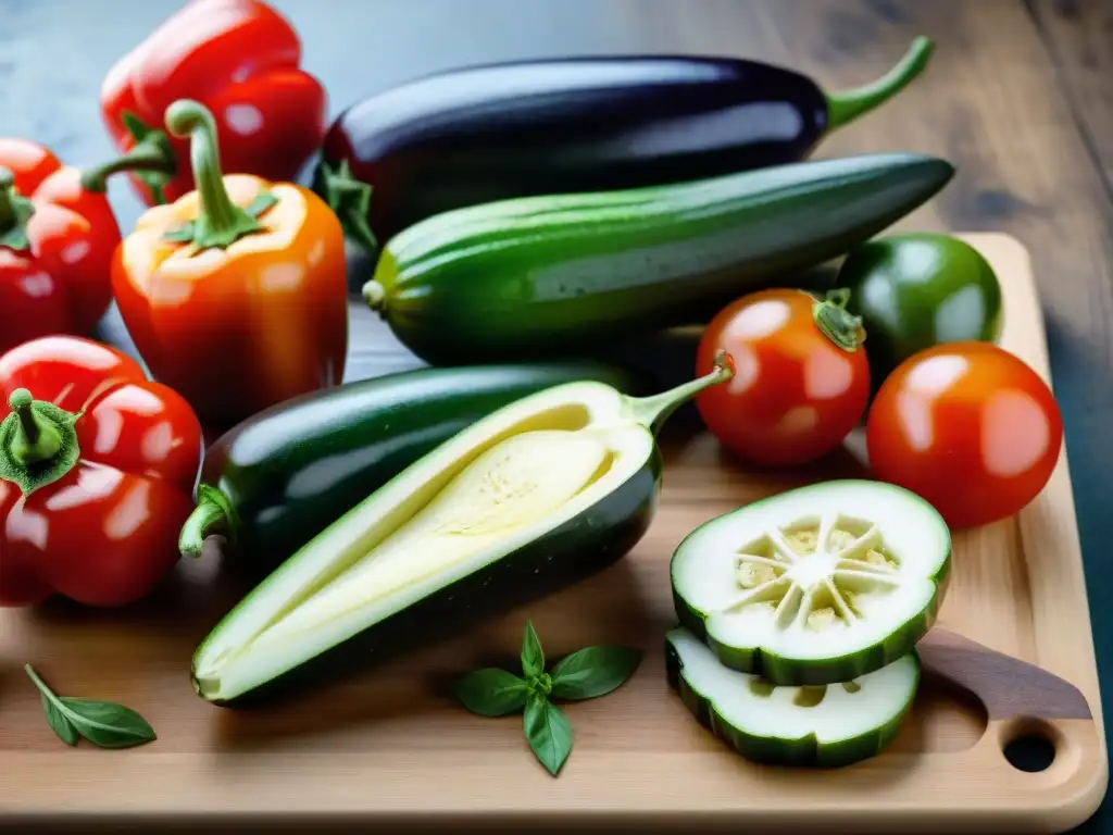 Una escena detallada de vegetales mediterráneos tostados con hierbas frescas en tabla rústica