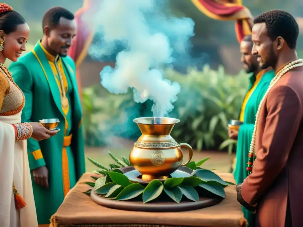 Escena detallada de una vibrante ceremonia del café en Etiopía, con tazas coloridas y plantas de café