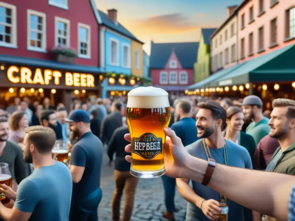 Una escena detallada y vibrante de un festival de cerveza artesanal en una plaza de ciudad, con impacto global cerveza artesanal