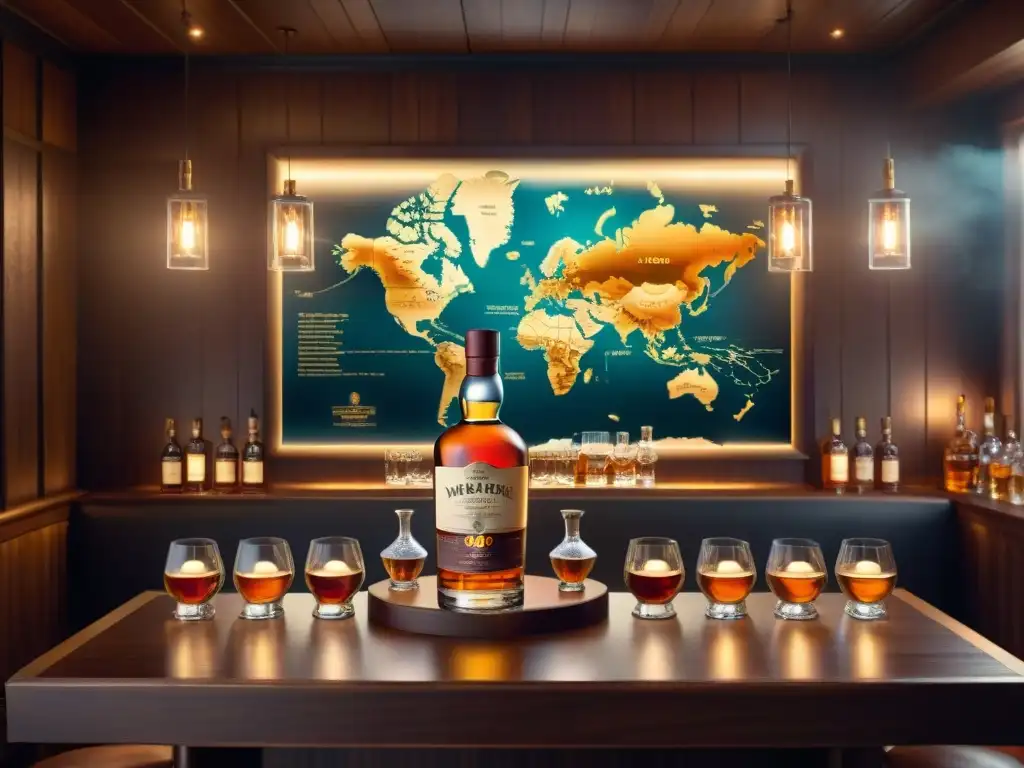 Escena detallada: salón de degustación de whisky con mesa de madera, botellas, copas de cristal y mapa de regiones whisky