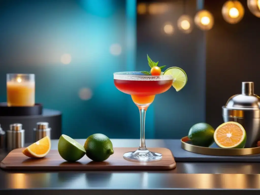 Escena elegante de bar de cocteles gourmet para fiestas, con bebidas y decoración sofisticada en una fiesta de lujo