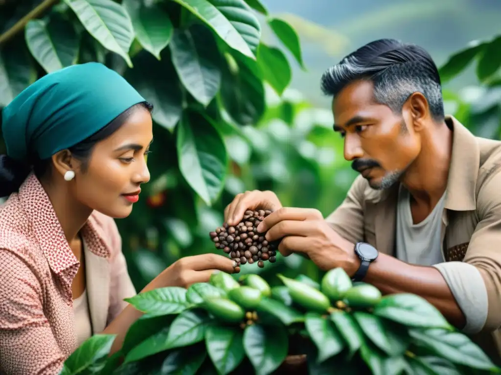 Una escena emocionante de caficultores de todo el mundo inspeccionando granos de café bajo la sombra de una planta de café