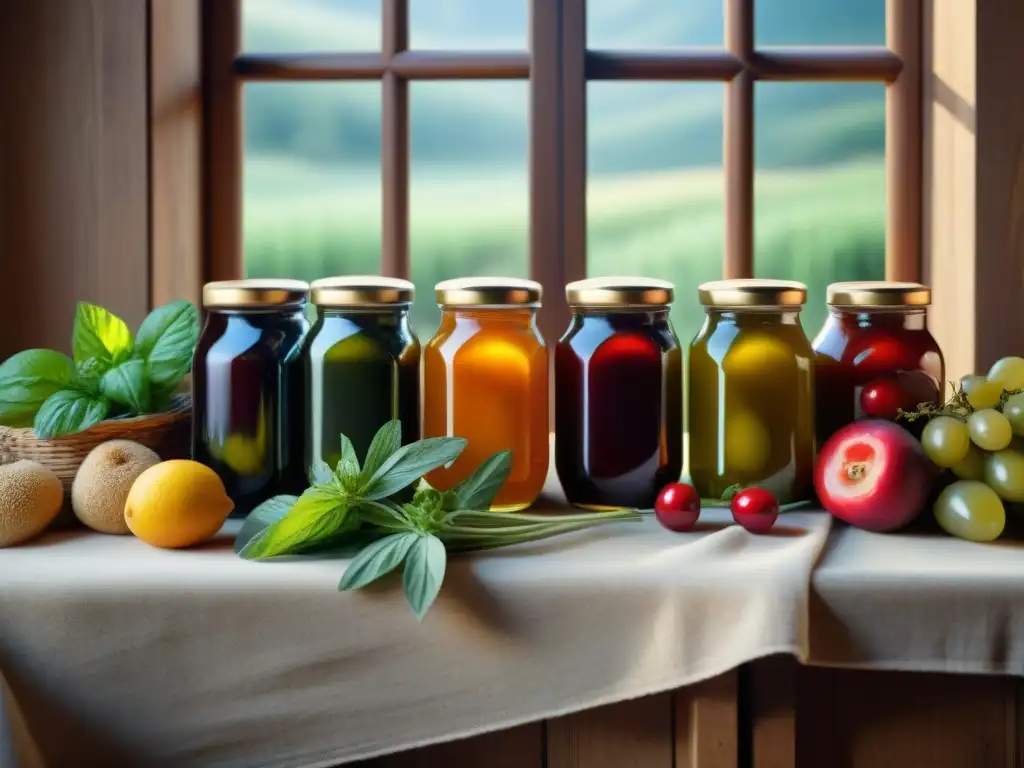 Escena encantadora de conservas gourmet artesanales tradicionales en mesa de madera rústica, bañada por suave luz natural