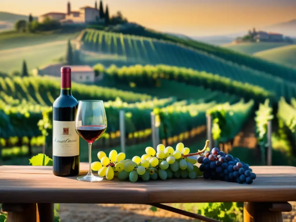 Una escena encantadora de viñedos en la Toscana al atardecer, con vinos y quesos