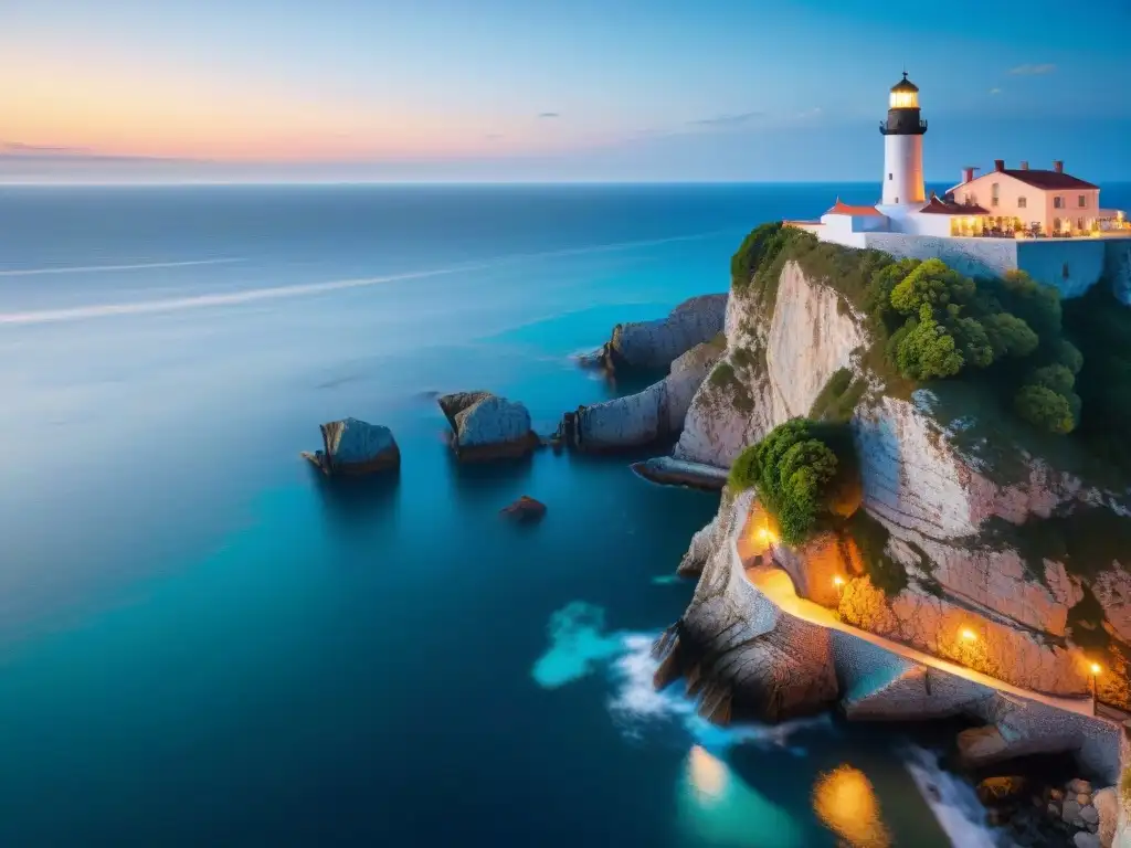 Una escena de ensueño en un restaurante costero con terraza, velas y mar turquesa al atardecer