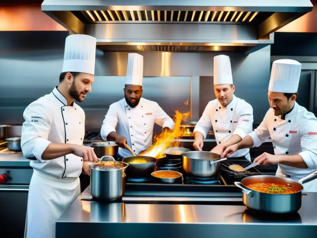 Escena épica de chefs gourmet en una bulliciosa cocina profesional, deslumbrante con ingredientes secretos y técnicas culinarias