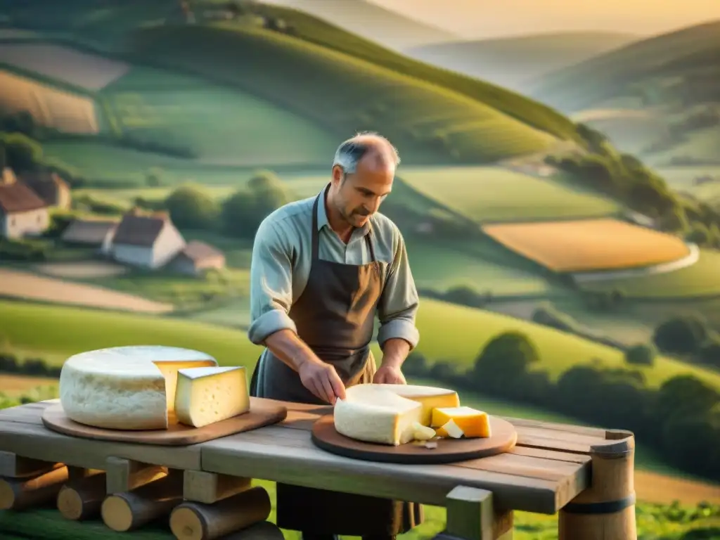 Escena europea de granja con quesería artesanal al atardecer