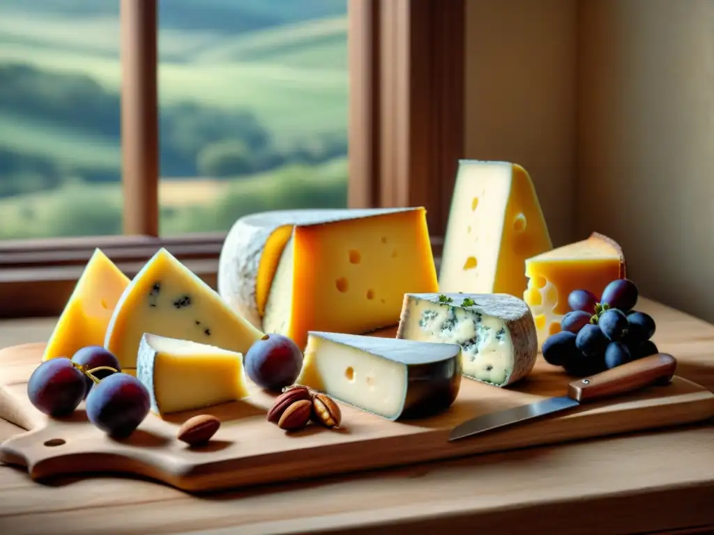 Una escena exquisita de una mesa rústica con una variedad de quesos artesanales deliciosos, uvas frescas y nueces