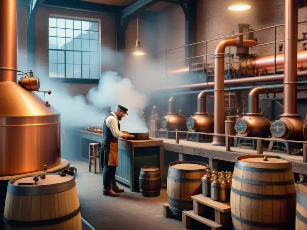 Escena de fábrica del siglo XIX con maquinaria de vapor, trabajadores y equipos de cobre en una cervecería, evolución cerveza artesanal historia