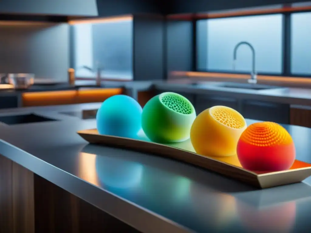 Escena futurista: alimentos impresos en 3D gastronomía en cocina avanzada con elegancia y precisión