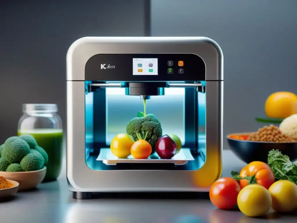 Escena futurista de impresión 3D de alimentos sustentables en una cocina ecoamigable