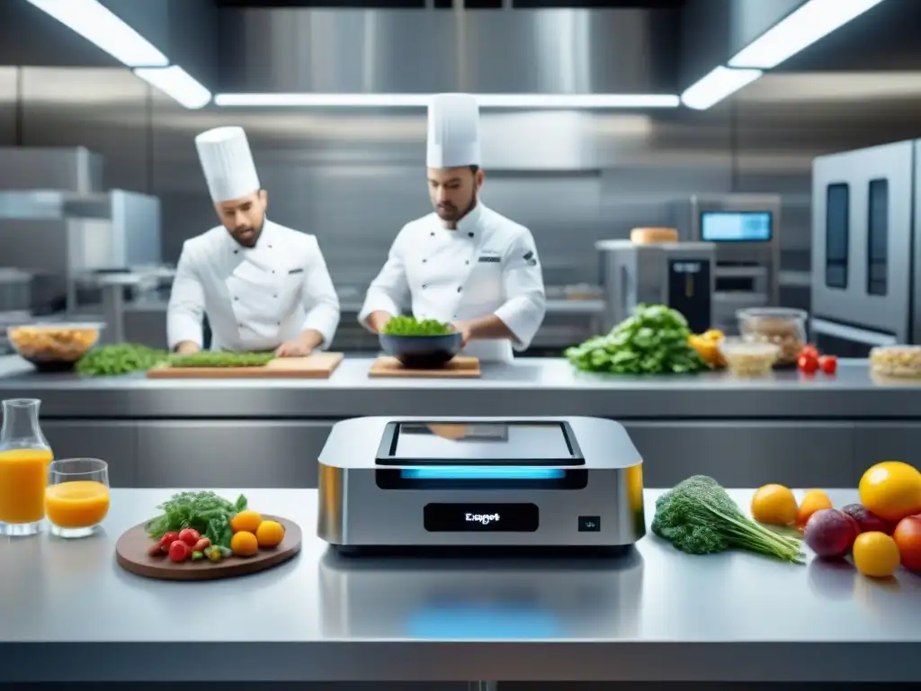 Escena futurista de cocina con impresión 3D de alimentos, chefs innovadores y tecnología ética