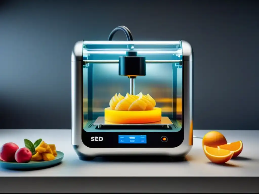 Escena futurista de impresora de alimentos 3D creando exquisiteces personalizadas