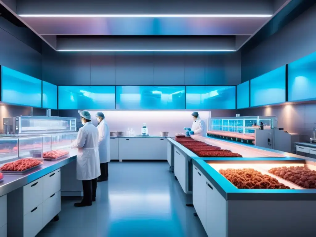 Escena futurista de laboratorio con científicos cultivando carne en bioreactores, tecnología avanzada y ambiente de innovación