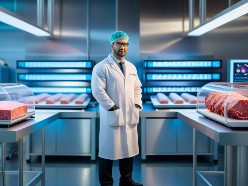 Escena futurista en laboratorio con científicos supervisando bioreactores de carne cultivada