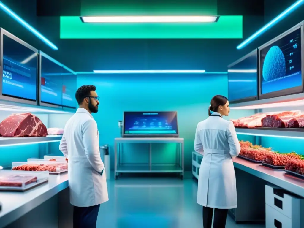 Escena futurista de laboratorio con científicos cultivando carne en bioreactores de alta tecnología, destacando el impacto ambiental reducido