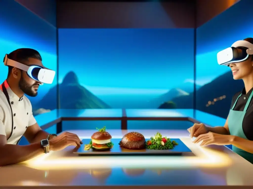 Escena futurista en un restaurante con menús holográficos y realidad virtual