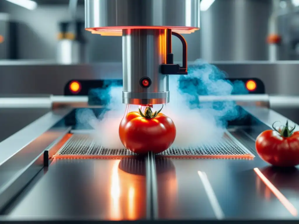 Una escena futurista de precisión milimétrica: un tomate rojo perfectamente maduro siendo cortado con un láser en una cocina tecnológica