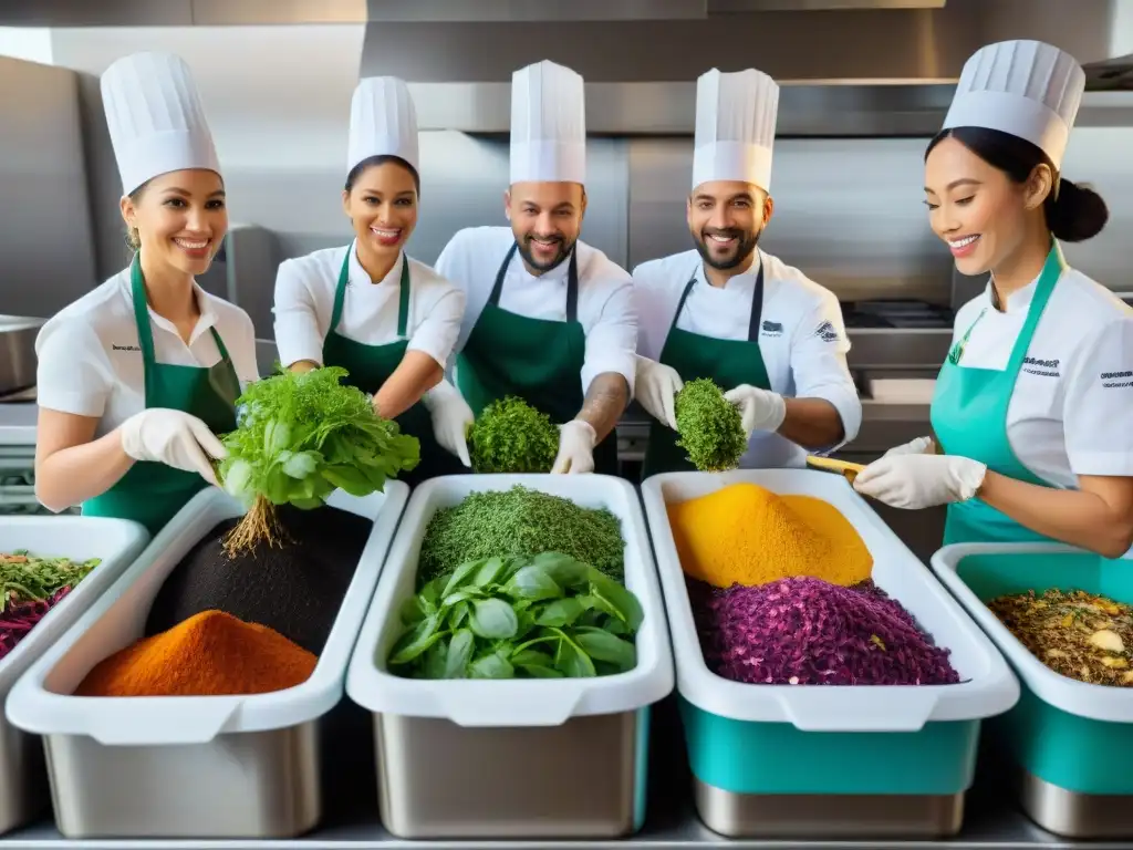 Una escena gastronómica vibrante con chefs y personal compostando alimentos