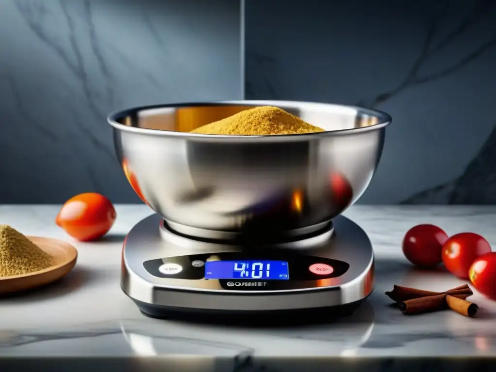 Una escena gourmet con balanza digital en cocina moderna y ingredientes variados