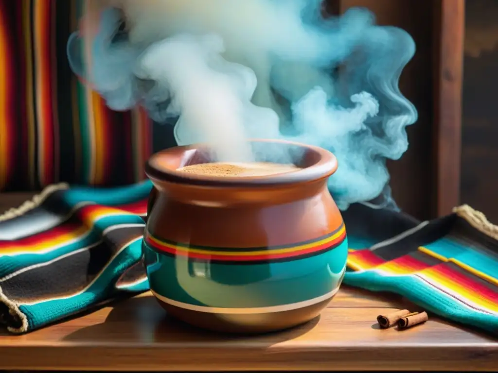 Una escena gourmet de un café de olla tradicional, con aromas de canela y piloncillo, en una mesa de madera rústica con un sarape colorido