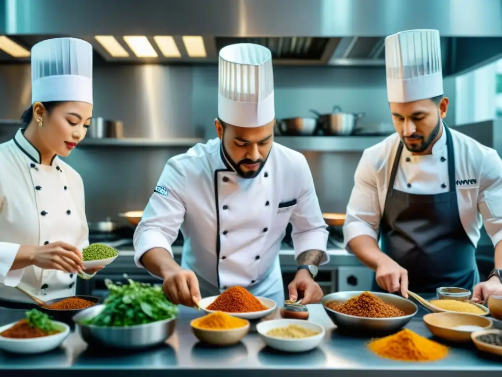 Una escena gourmet en una cocina étnica, donde chefs de diversas culturas preparan platos deliciosos y fusionan tradiciones culinarias