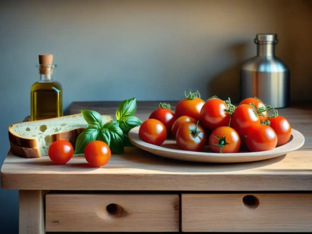 Una escena gourmet: mesa de madera con tomates rojos, albahaca fresca, pan artesanal, aceite de oliva, ajo, sal marina