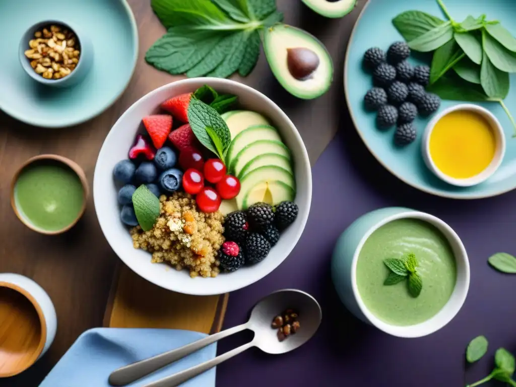 Una escena gourmet de desintoxicación profunda con una comida colorida y detallada que incluye quinoa, acai y batidos verdes