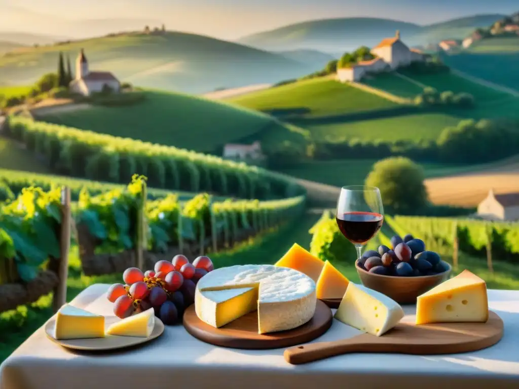 Escena gourmet en la Ruta del queso Europa, con quesos, vino y paisaje campestre pintoresco al atardecer