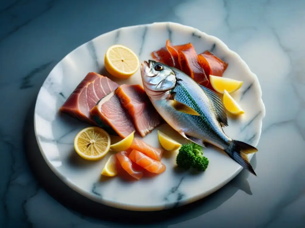 Una escena gourmet sofisticada con una variedad de carnes y pescados salados, en un plato de mármol, exudando elegancia y refinamiento