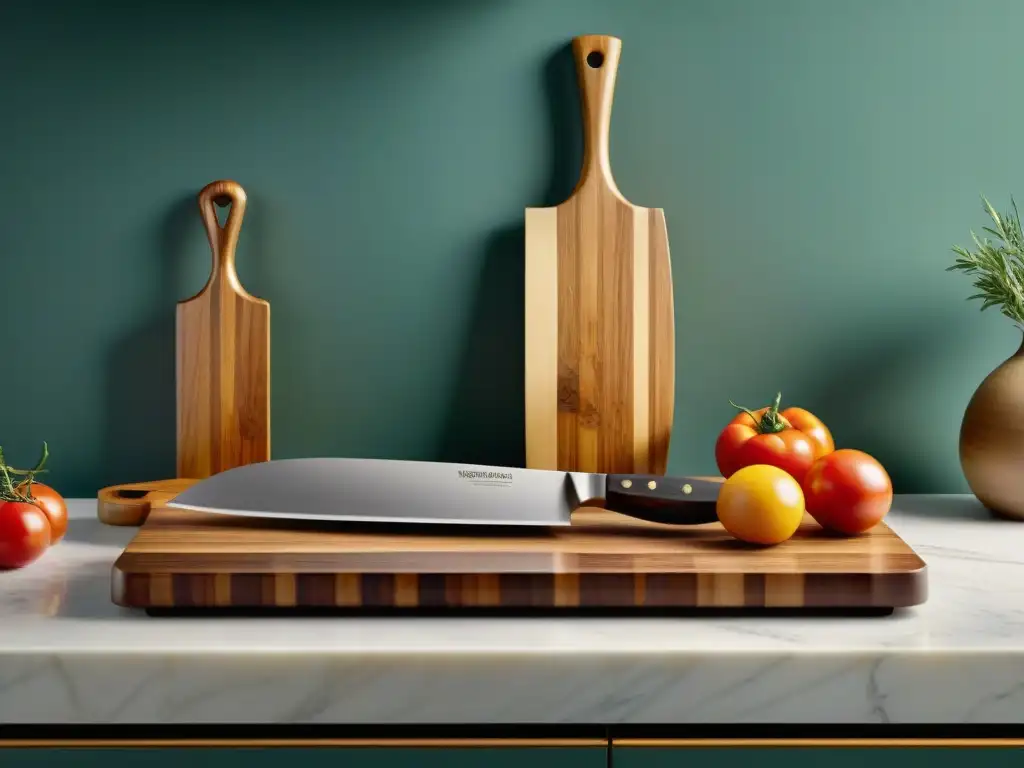 Una escena gourmet de tablas de cortar para chef en una cocina de lujo con tablas de mármol, bambú y madera de acacia, junto a cuchillos profesionales