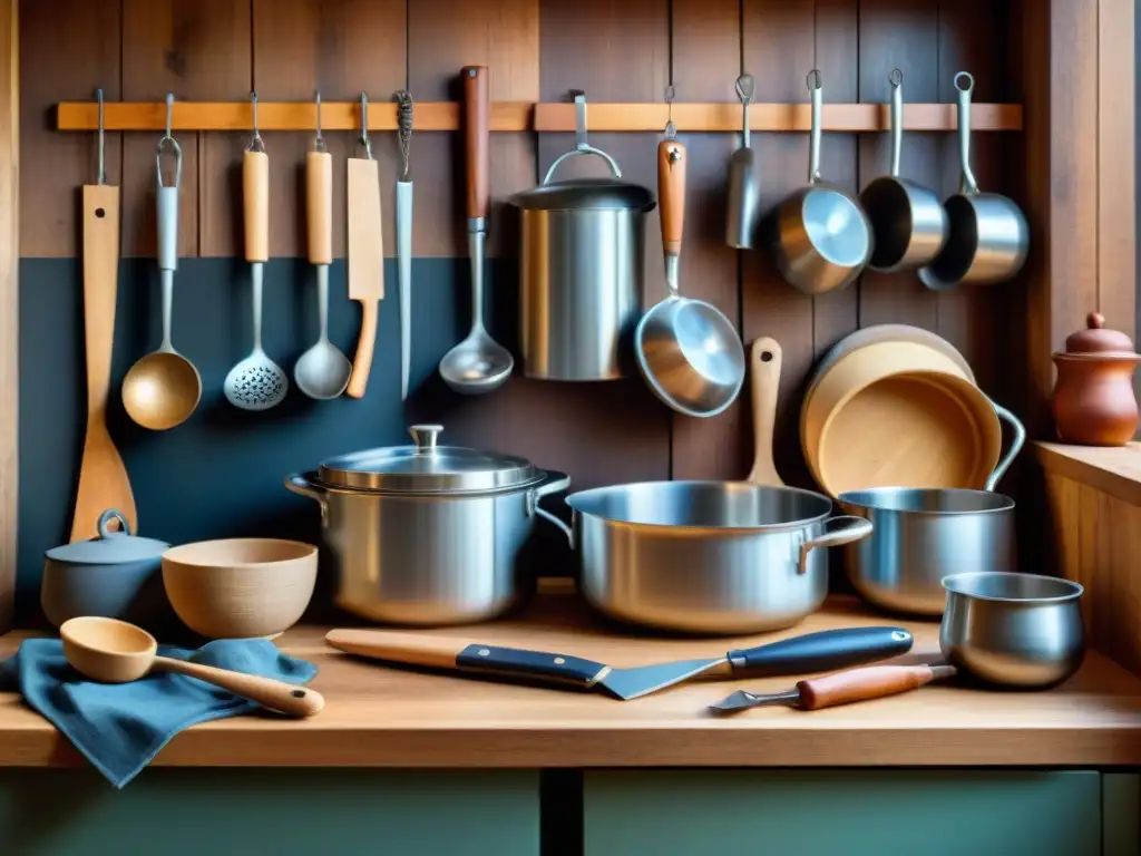 Cocina histórica: evolución de utensilios culinarios Una escena histórica de cocina con utensilios de diferentes épocas