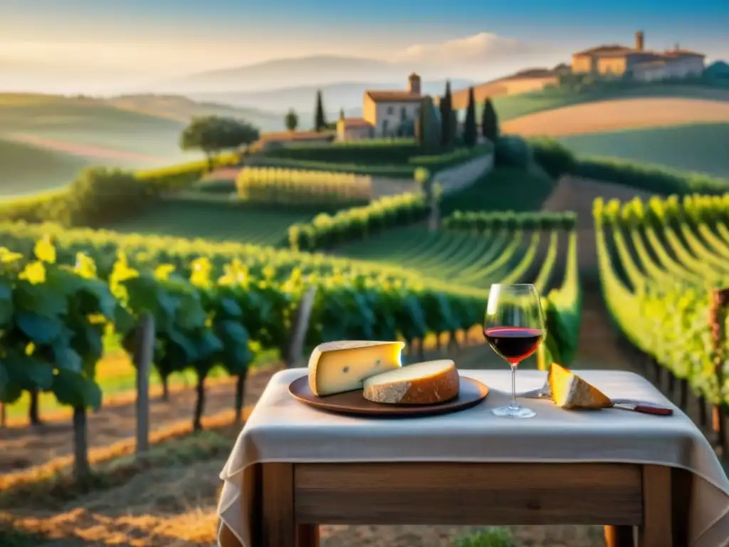Una escena idílica en una vinícola emblemática de Europa, donde la gastronomía y el vino se fusionan en un atardecer dorado