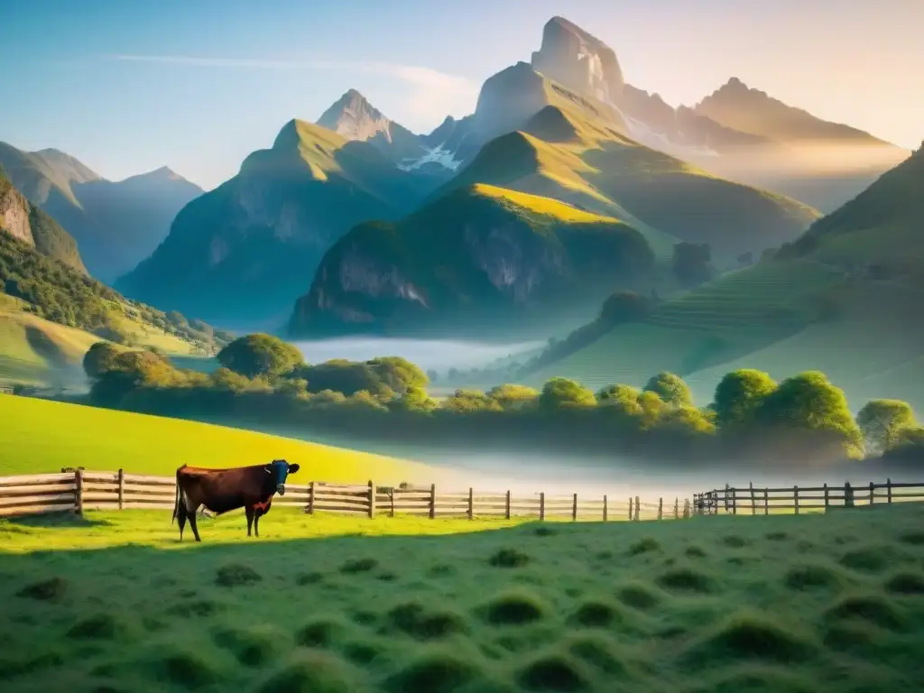 Escena idílica de una hacienda ganadera al amanecer, con pastizales verdes, cercas de madera y montañas al fondo