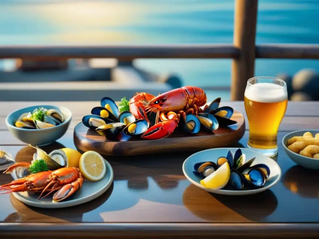 Una escena idílica: mesa de madera rústica con mariscos frescos y cervezas artesanales, frente al mar