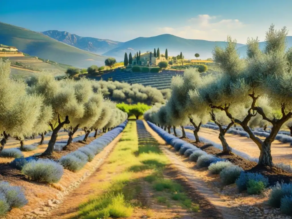 Una escena idílica de un olivar mediterráneo en un día soleado, con olivos cargados de aceitunas listas para la cosecha