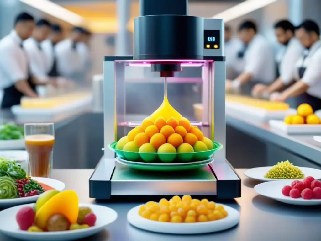 Escena impactante: impresión 3D alimentos en eventos banquetes, tecnología y arte se fusionan en creaciones vibrantes