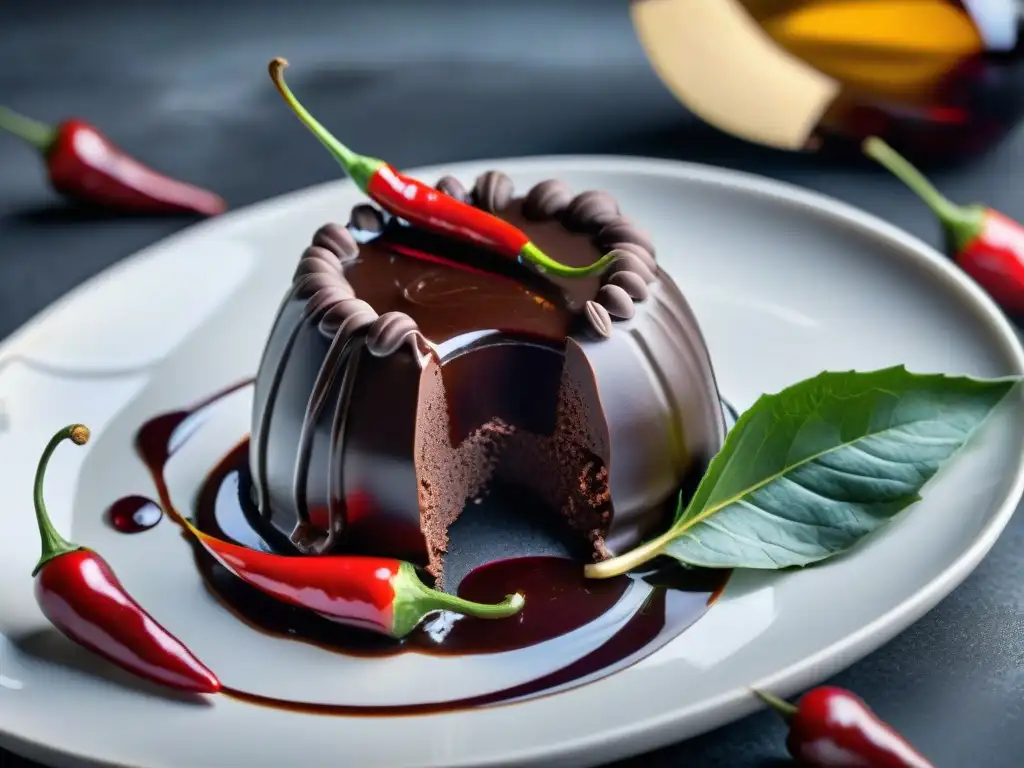 Escena visualmente impactante: trufa de chocolate negro con reducción de vino tinto y chiles, en un entorno elegante de copas de vino y viñedos verdes