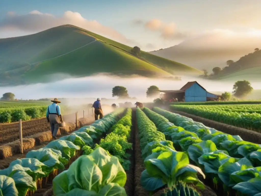 Una escena inspiradora de agricultores orgánicos trabajando juntos en un campo verde, transmitiendo comunión con la naturaleza