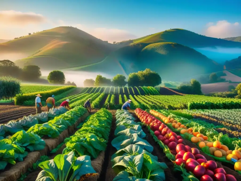 Una escena inspiradora de agricultores orgánicos trabajando juntos en un huerto, con vegetales y frutas coloridos bajo la luz dorada del atardecer