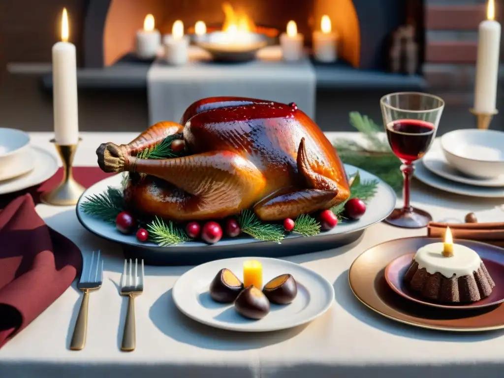 Escena invernal de mesa elegante con vajilla y platillos gourmet, ideal para maridajes de Temporada gourmet