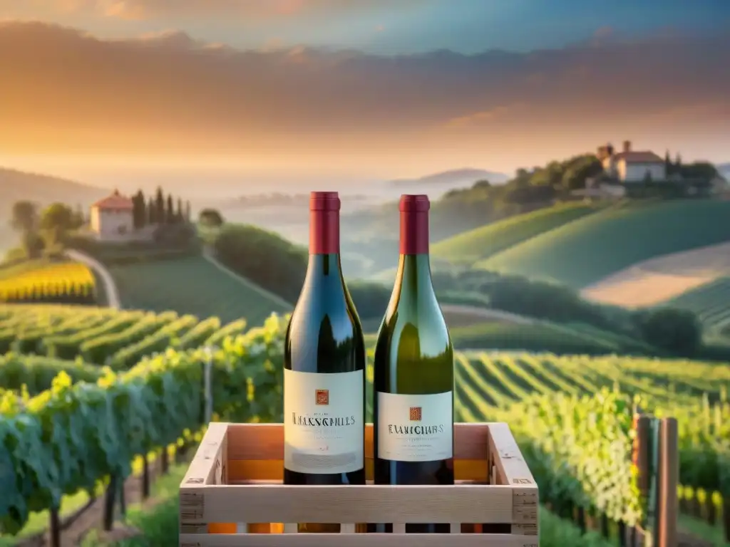 Viñedos dorados: elegancia y lujo en caja de vinos premium Una escena de lujo: cajas de suscripción vinos gourmet en cálida luz dorada entre viñedos