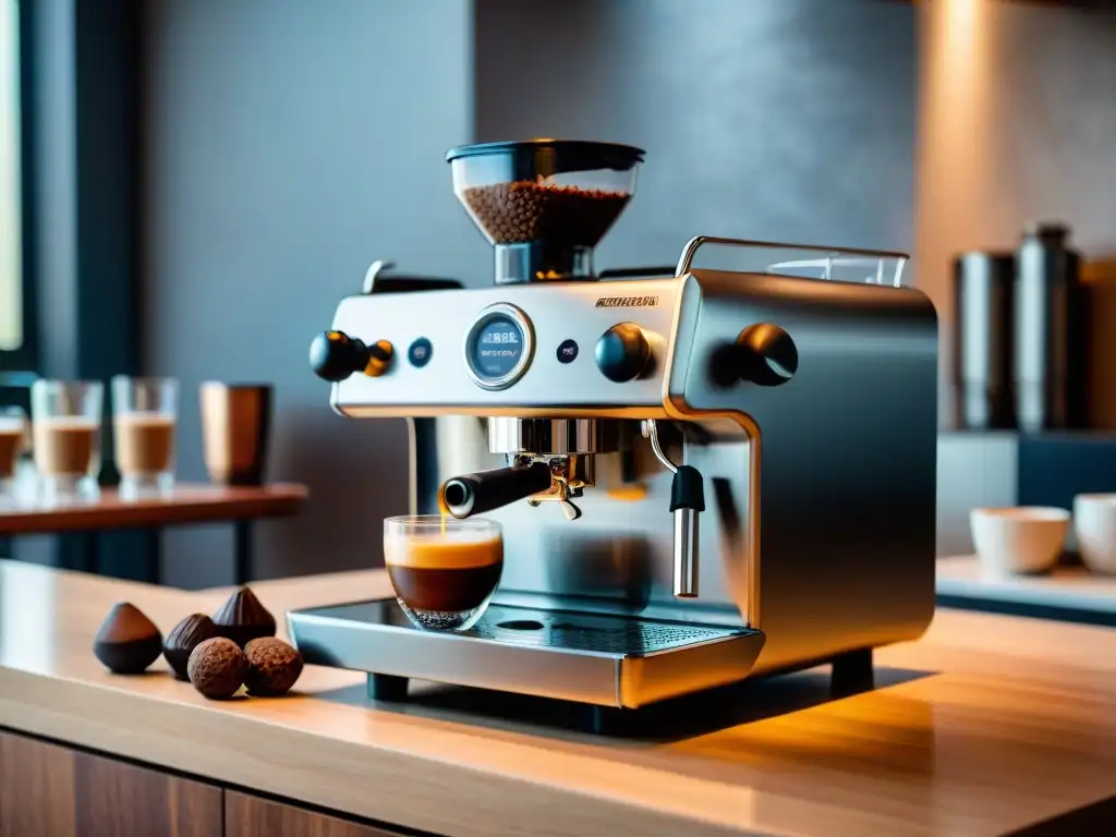 Una escena de lujo con una máquina de espresso moderna, barista vertiendo café en una taza de porcelana y trufas de chocolate en un paladar gourmet